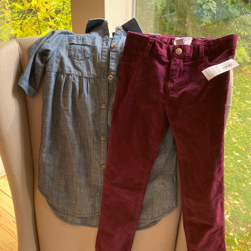 Old navy 5T lot chambray shirt dress, raspberry skinny cords both NWT!